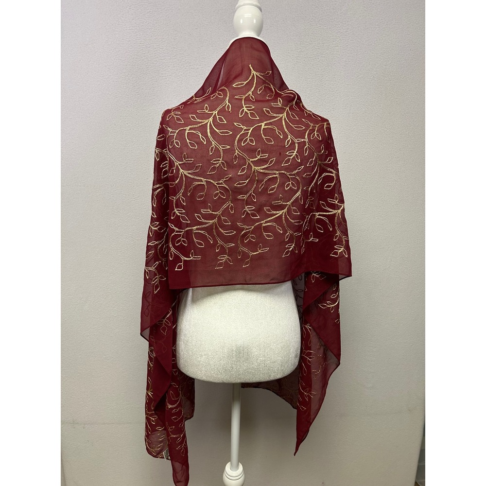 Elegant Formal Anne Klein Womens OS Burgundy Gold Embroidered Chiffon Wrap Scarf